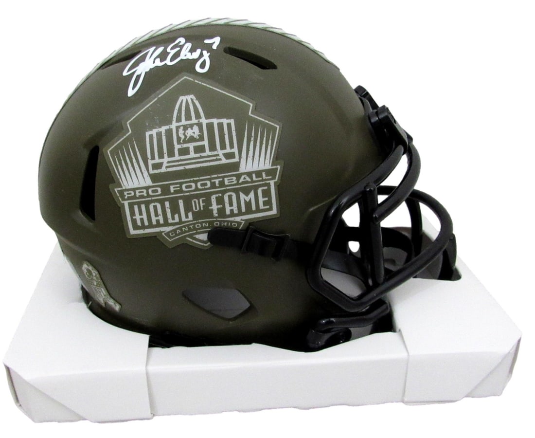 Signed by John Elway HOF Mini Helmet Broncos Service Salute: Signed by John Elway HOF Mini Helmet Broncos Service Salute Signed by John Elway, a legendary Broncos quarterback and Hall of Famer, this mini helmet bears the iconic signature of one of football's gr