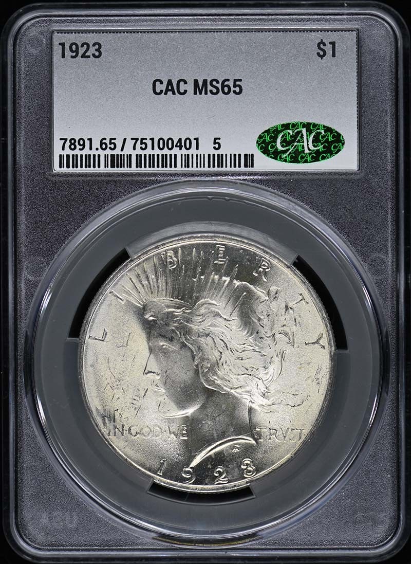 1923 $1 Peace Dollar CACG MS65: 1923 $1 Peace Dollar CACG MS65 The 1923 $1 Peace Dollar, graded MS65 by CACG, boasts a stunning circulated uncirculated condition. This rare coin features the iconic design of the Philadelphia Mint an