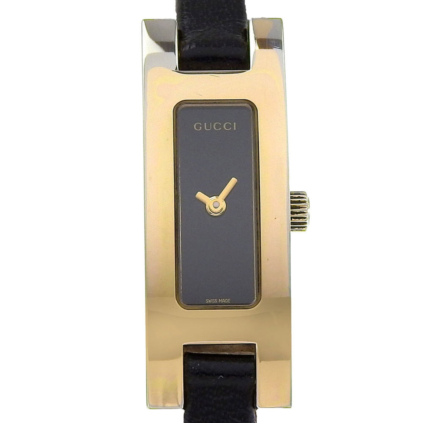 Wristwatch by Gucci: Wristwatch by Gucci Stainless steel case and embossed leather strap make for a sleek, sophisticated look. The black dial stands out against the metallic backdrop, adding to the watch's sleek design. W