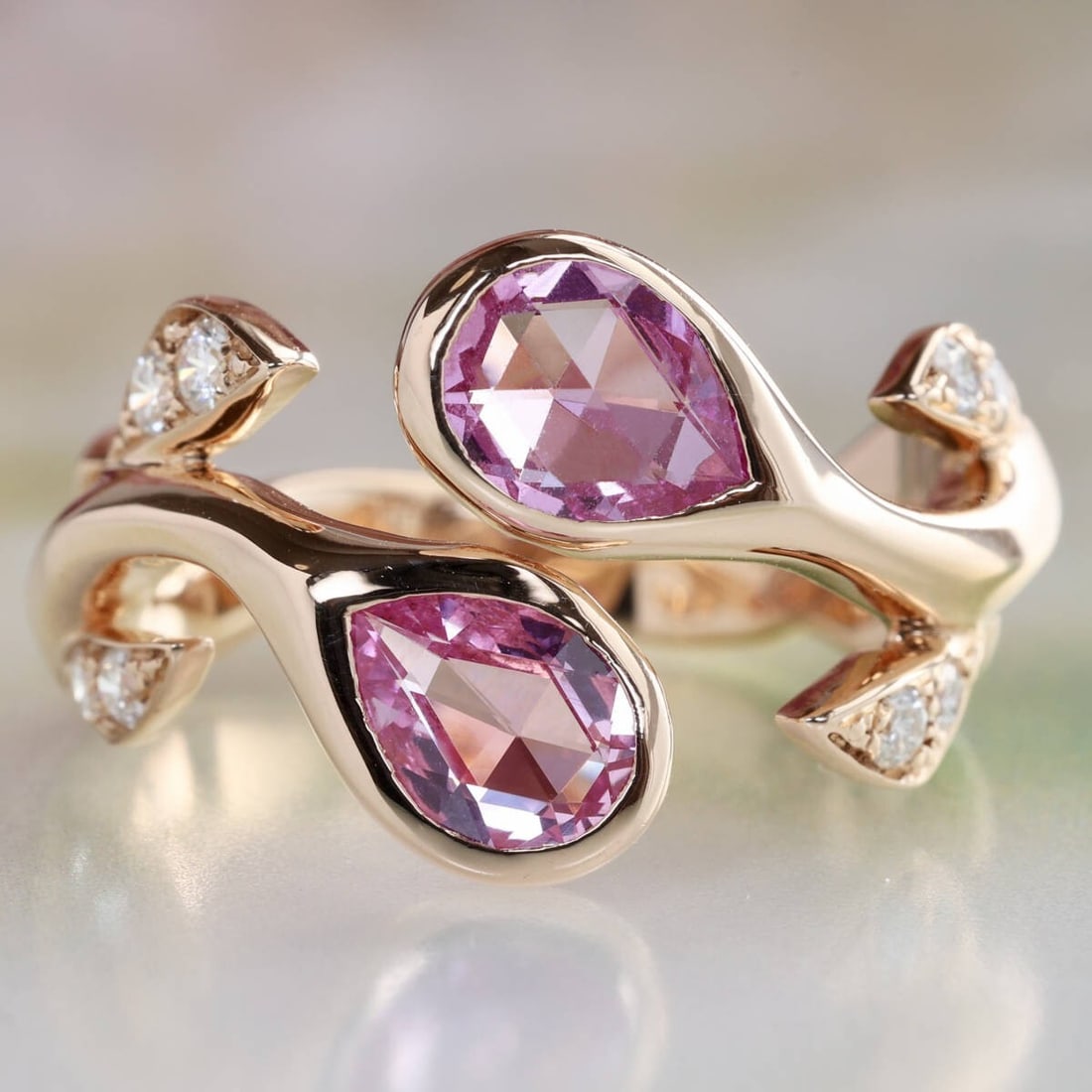 MATHON Paris Rose Cut Pink Sapphire Diamond 18k Rose Gold Nature Inspired Ring (1 of 10)