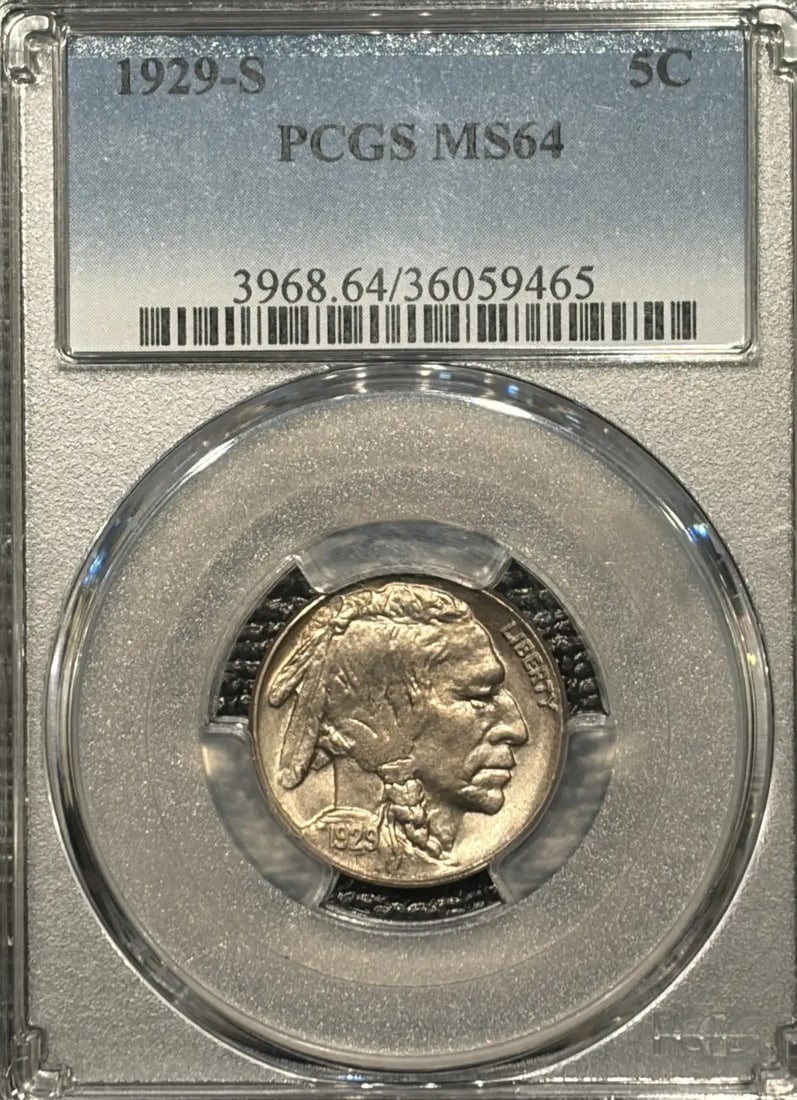 1929-S BUFFALO NICKEL PCGS MS64: 1929-S BUFFALO NICKEL PCGS MS64 The 1929-S Buffalo Nickel, graded MS64 by PCGS, showcases exceptional mint state condition with subtle nuances in its worn surfaces. Certified as uncirculated, this coi