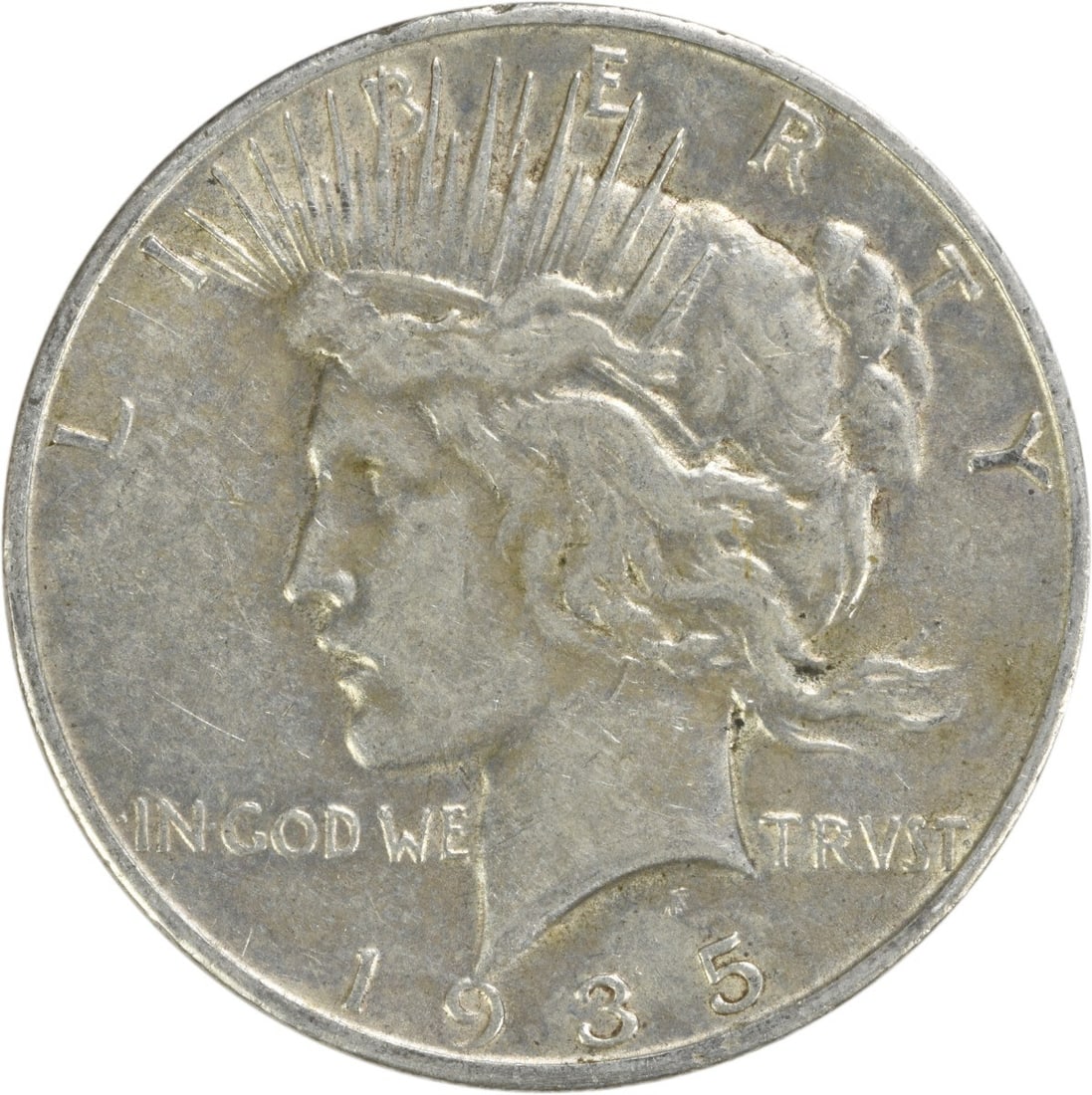 Uncertified EF 1935-S Peace Silver Dollar: Uncertified EF 1935-S Peace Silver Dollar EF 1935-S Peace Silver Dollar, a circulated coin from the San Francisco Mint with a reeded edge and Anthony de Francisci's iconic design. Made from 90% silver