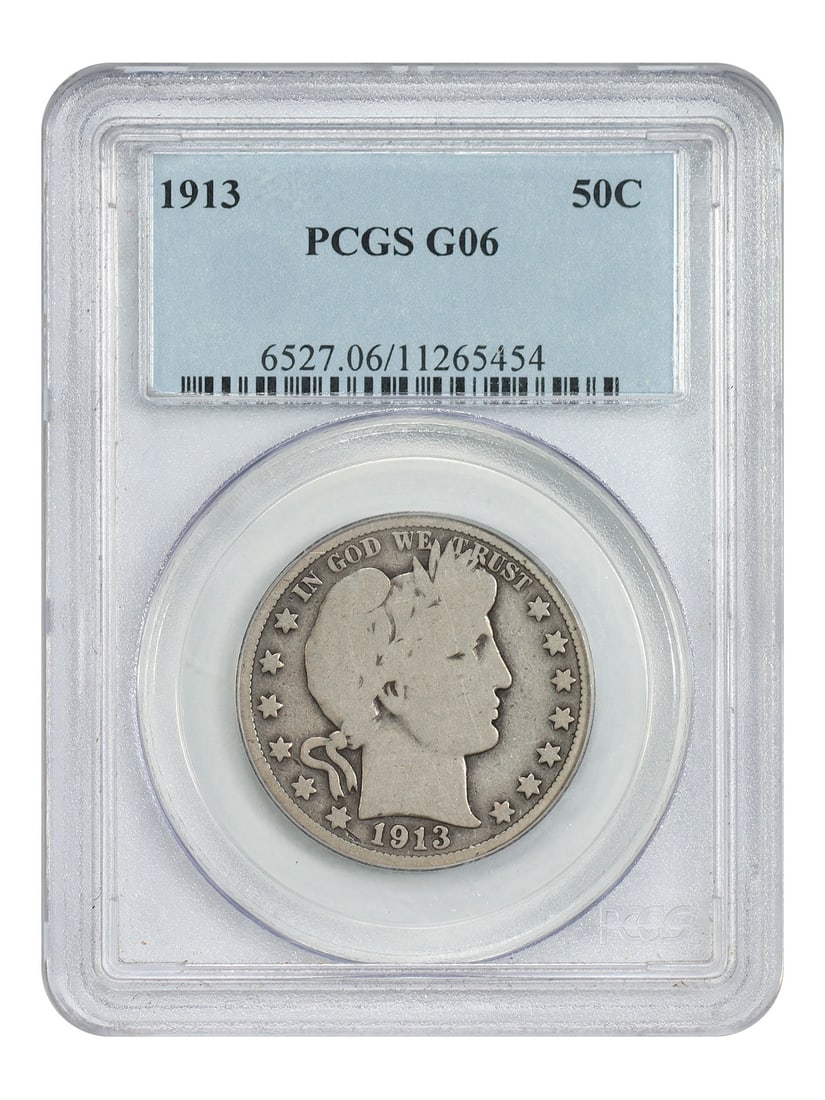 1913 50C PCGS Good 06 - Barber Half Dollar - Scarce Date: 1913 50C PCGS Good 06 - Barber Half Dollar - Scarce Date The 1913 50C PCGS Good 06 - Barber Half Dollar is a scarce date coin, certified by the Professional Coin Grading Service (PCGS) with a grade of