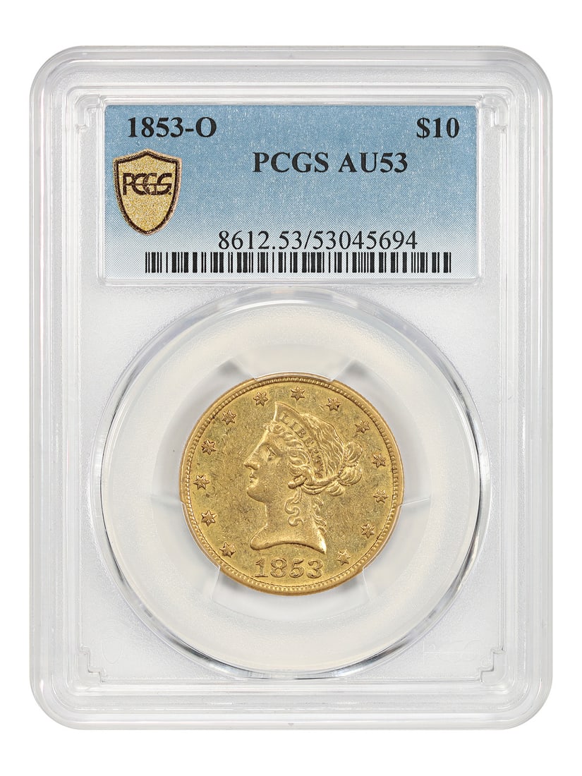 1853-O $10 PCGS AU53 - Liberty Head $10 - Rare O-Mint Gold Eagle: 1853-O $10 PCGS AU53 - Liberty Head $10 - Rare O-Mint Gold Eagle The 1853-O $10 PCGS AU53 features an MS Mint strike type, indicating it was struck at the New Orleans mint. This circulated gold coin b
