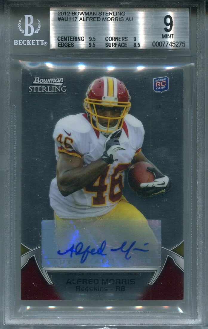 Sterling rookie card autographed by Alfred Morris 2012 Bowman Beckett: Sterling rookie card autographed by Alfred Morris 2012 Bowman Beckett Sterling rookie card autographed by Alfred Morris, graded 9 by Beckett. This 2012 Bowman Beckett card features a sharpie signature