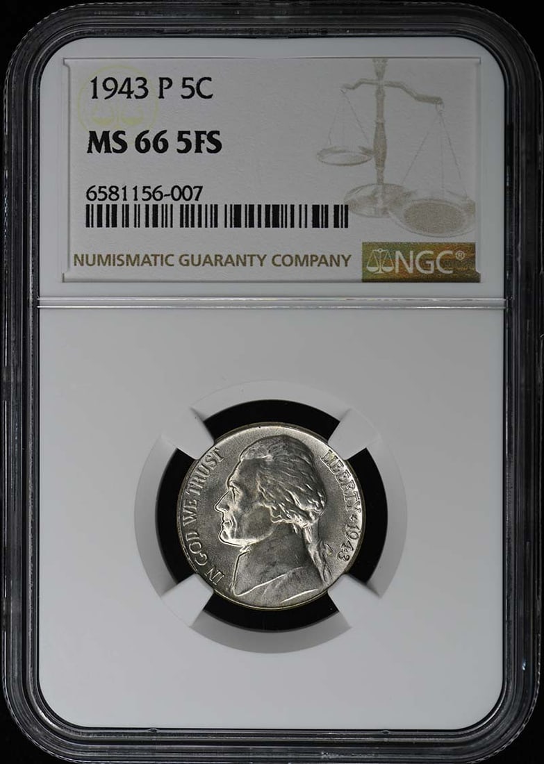1943 Jefferson Nickel 5C NGC MS665FS: 1943 Jefferson Nickel 5C NGC MS665FS The 1943 Jefferson Nickel, graded MS66 by the NGC, boasts exceptional condition with a high level of detail preservation. This uncirculated coin features the iconi