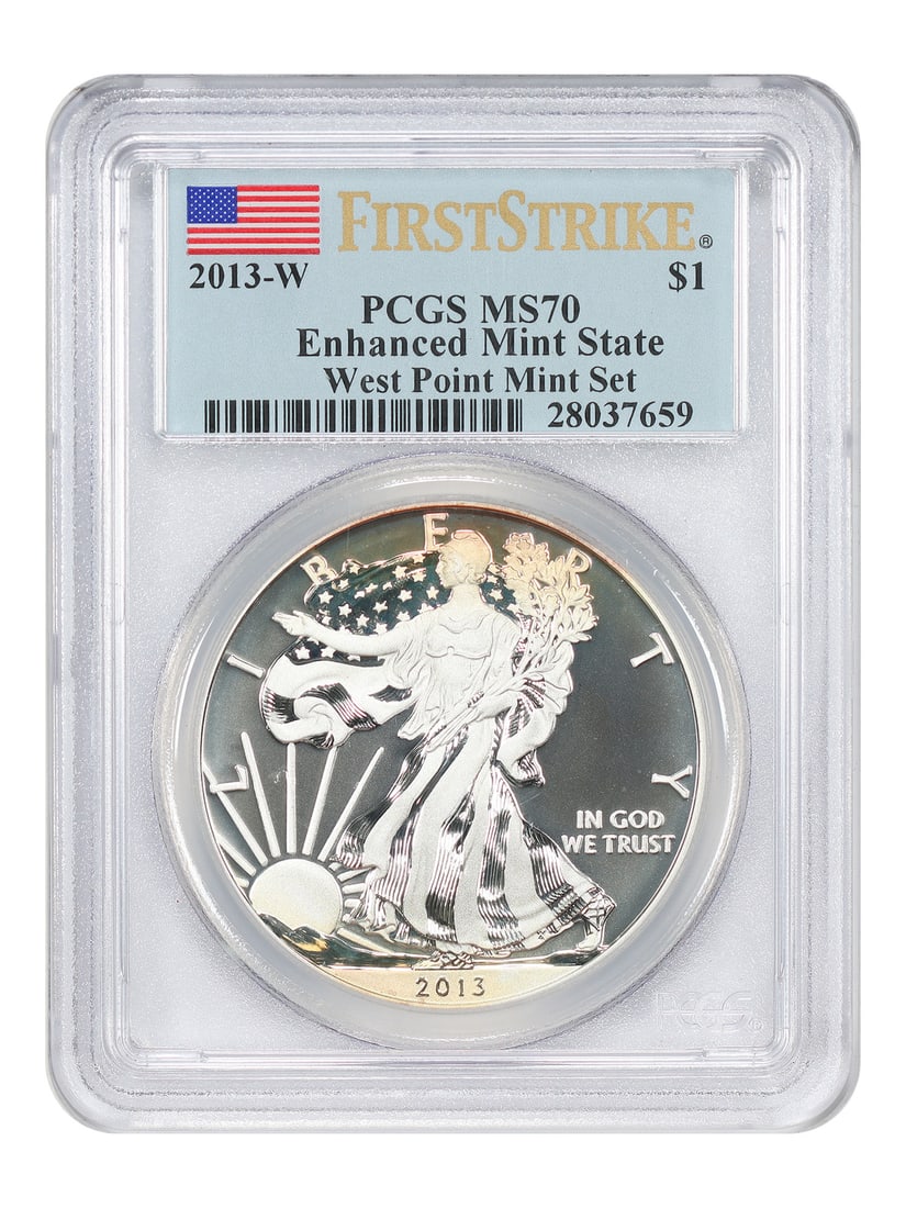 2013-W $1 Silver Eagle PCGS Enhanced MS70 (West Point Mint Set, First Strike): 2013-W $1 Silver Eagle PCGS Enhanced MS70 (West Point Mint Set, First Strike) The 2013-W $1 Silver Eagle PCGS Enhanced MS70 is a highly graded, uncirculated coin from the West Point Mint. Certified by
