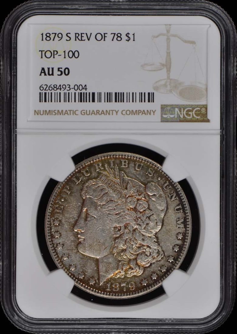 1879-S REV OF 78 Morgan Dollar TOP-100 S$1 NGC AU50: 1879-S REV OF 78 Morgan Dollar TOP-100 S$1 NGC AU50 1879-S REV OF 78 Morgan Dollar graded AU50 by NGC, showcasing its circulated condition and San Francisco mint mark. This coin bears the signature of