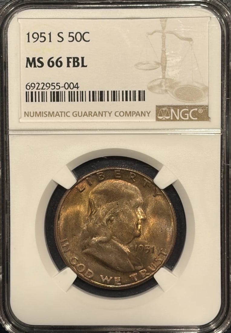1951-S FRANKLIN HALF DOLLAR NGC MS66FBL: 1951-S FRANKLIN HALF DOLLAR NGC MS66FBL The 1951-S FRANKLIN HALF DOLLAR NGC MS66FBL is an uncirculated silver half dollar certified by the Numismatic Guaranty Corporation (NGC) with a grade of MS 66.