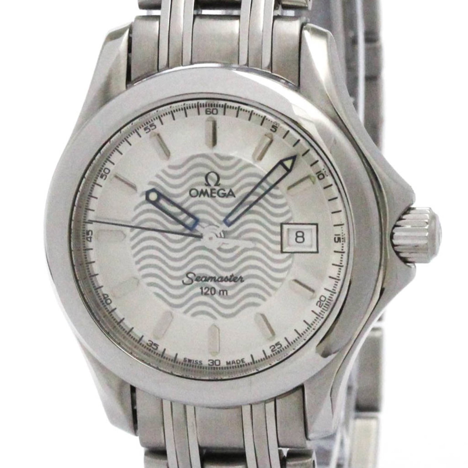 Omega Wristwatch: Omega Wristwatch Stainless steel case and band, the Omega wristwatch boasts a sleek silver dial. Measuring 29mm in diameter, it's a sporty timepiece that adds a touch of sophistication to any outfit.