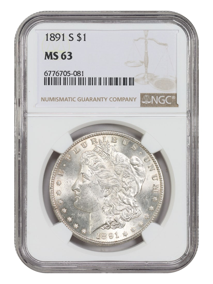 1891-S $1 NGC MS63 - Morgan Dollar - Better S-Mint: 1891-S $1 NGC MS63 - Morgan Dollar - Better S-Mint The 1891-S $1 NGC MS63 Morgan Dollar boasts an impressive grade of 63, reflecting its high level of detail and luster. Certified by the Numismatic