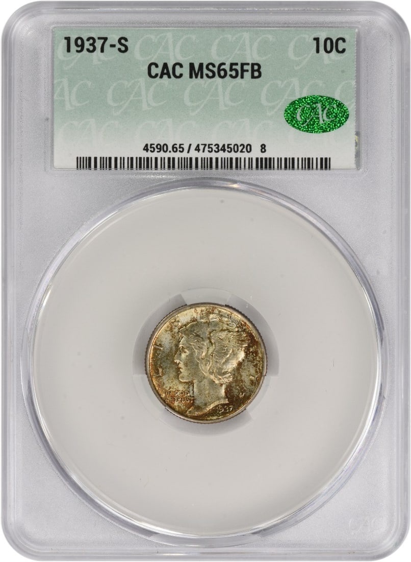 1937-S Mercury Silver Dime MS65FB CACG: 1937-S Mercury Silver Dime MS65FB CACG The 1937-S Mercury Silver Dime MS65FB CACG boasts an exceptional grade, with its circulated/ununcirculated status and high MS65 rating making it a standout