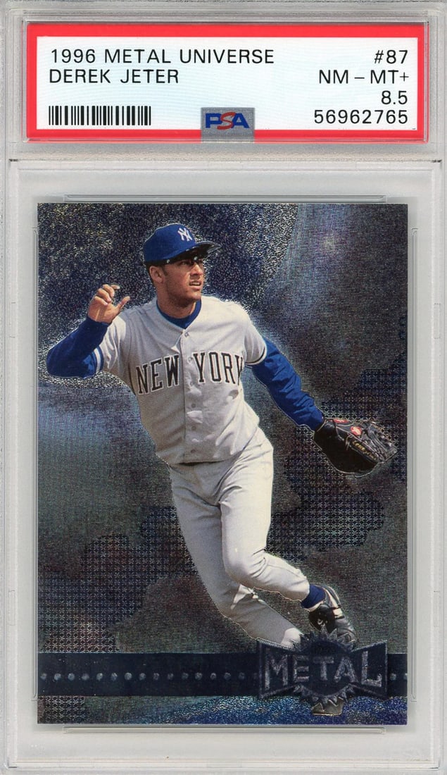 Derek Jeter 1996 Fleer Metal Universe Card #87 (PSA): Derek Jeter 1996 Fleer Metal Universe Card #87 (PSA) PSA-graded and slabbed Derek Jeter 1996 Fleer Metal Universe Card #87, featuring the legendary shortstop's iconic image in Near Mint - Mint 8.5