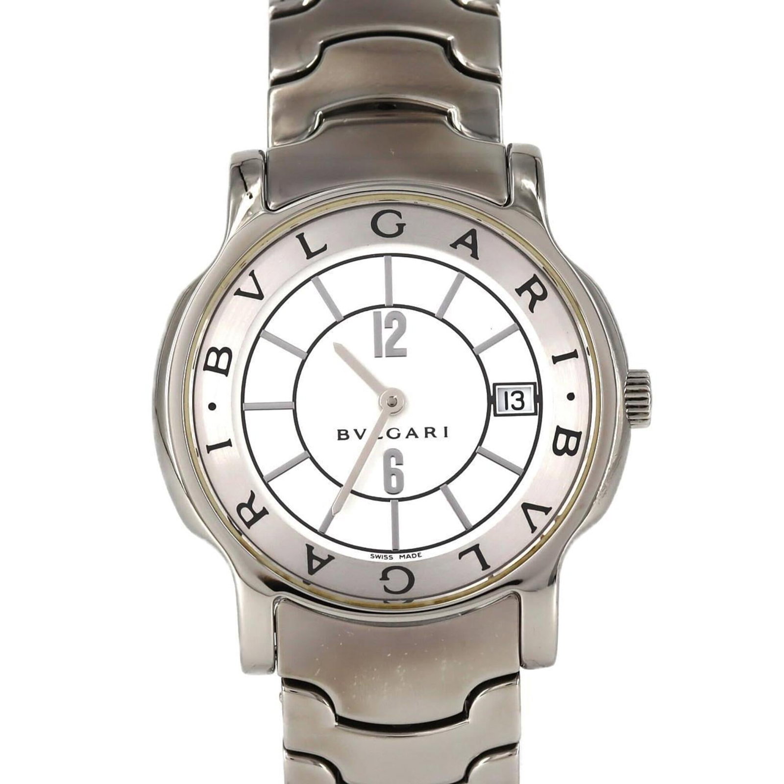 Bvlgari Wristwatch: Bvlgari Wristwatch Stainless steel case and band, white dial, and 35mm diameter make this Bvlgari wristwatch a sleek accessory for everyday wear. With its durable construction and classic design, it's