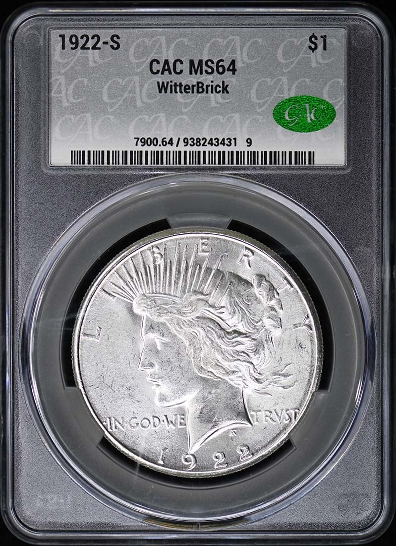 MS64 CACG 1922 S $1 Peace Dollar: MS64 CACG 1922 S $1 Peace Dollar The MS64 CACG 1922 S $1 Peace Dollar boasts an impressive grade, showcasing its condition and rarity. Certified by the CACG, this uncirculated coin from the San Franci