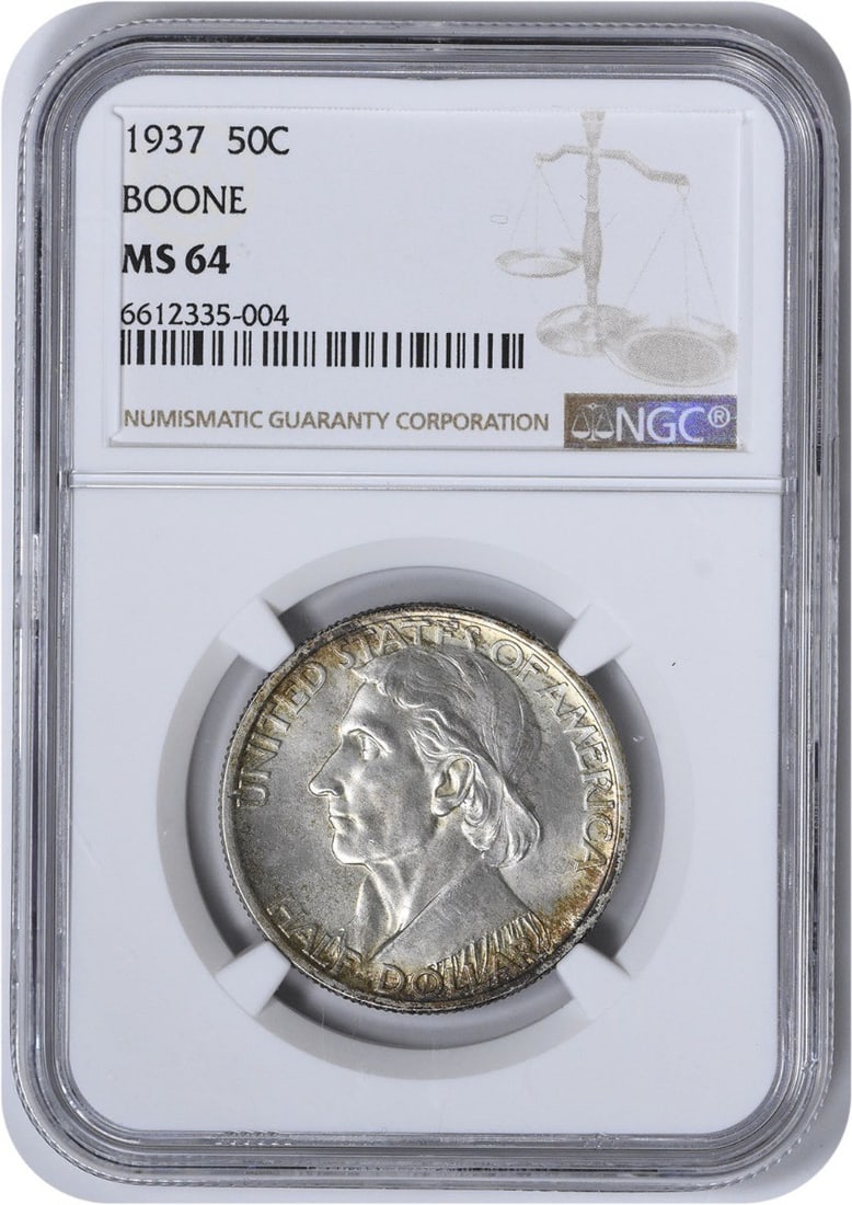 Mint State 64 MS64 1937 Half Commemorative Boone: Mint State 64 MS64 1937 Half Commemorative Boone The 1937 Half Commemorative Boone, graded MS64 by the NGC, boasts an impressive level of detail and luster, showcasing its uncirculated condition. This