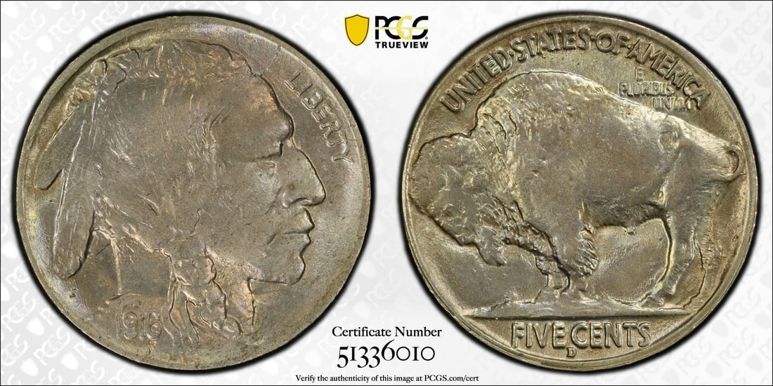 GORGEOUS PCGS MS66 COLOR 1916-D BUFFALO NICKEL PQ: GORGEOUS PCGS MS66 COLOR 1916-D BUFFALO NICKEL PQ The 1916-D Buffalo Nickel, graded MS66 by PCGS, boasts a stunning color and exceptional condition. This uncirculated coin features the iconic design o