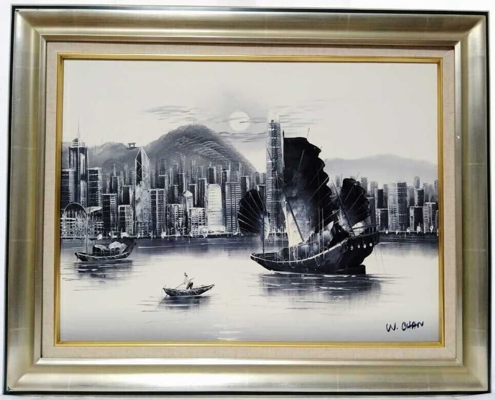 W CHAN - HONG KONG Victoria Harbour Original Painting Oil on Canvas Signed (1 of 10)