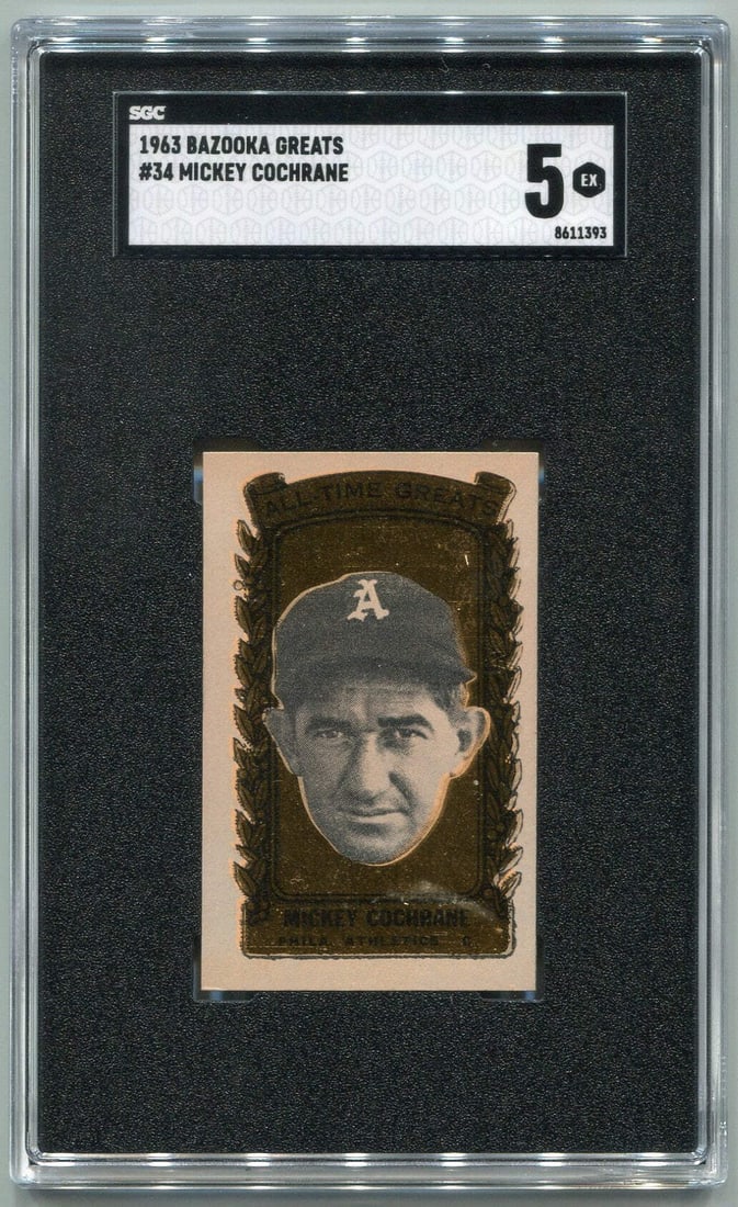 Mickey Cochrane 1963 Bazooka Greats Card #34 SGC Graded 5: Mickey Cochrane 1963 Bazooka Greats Card #34 SGC Graded 5 Mickey Cochrane 1963 Bazooka Greats Card #34 SGC Graded 5. This card, graded by the Sports Guaranty Corporation (SGC) as a 5, is a highly deta