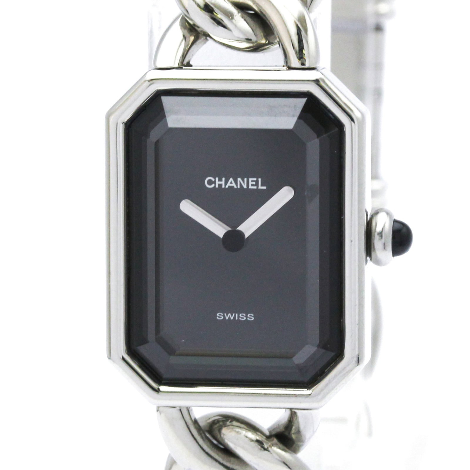 Chanel Wristwatch: Chanel Wristwatch Stainless steel case and band, the Chanel wristwatch boasts a sleek black dial. With its classic design and timeless style, this dress/formal watch is perfect for formal occasions. T