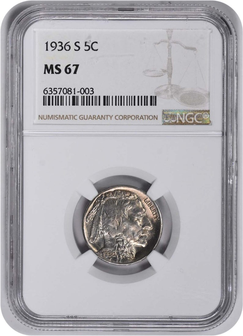 MS67 NGC Buffalo Nickel 1936-S: MS67 NGC Buffalo Nickel 1936-S MS67 NGC Buffalo Nickel 1936-S showcases exceptional condition with a grade of MS67, indicating its high level of preservation and rarity. This uncirculated coin feature
