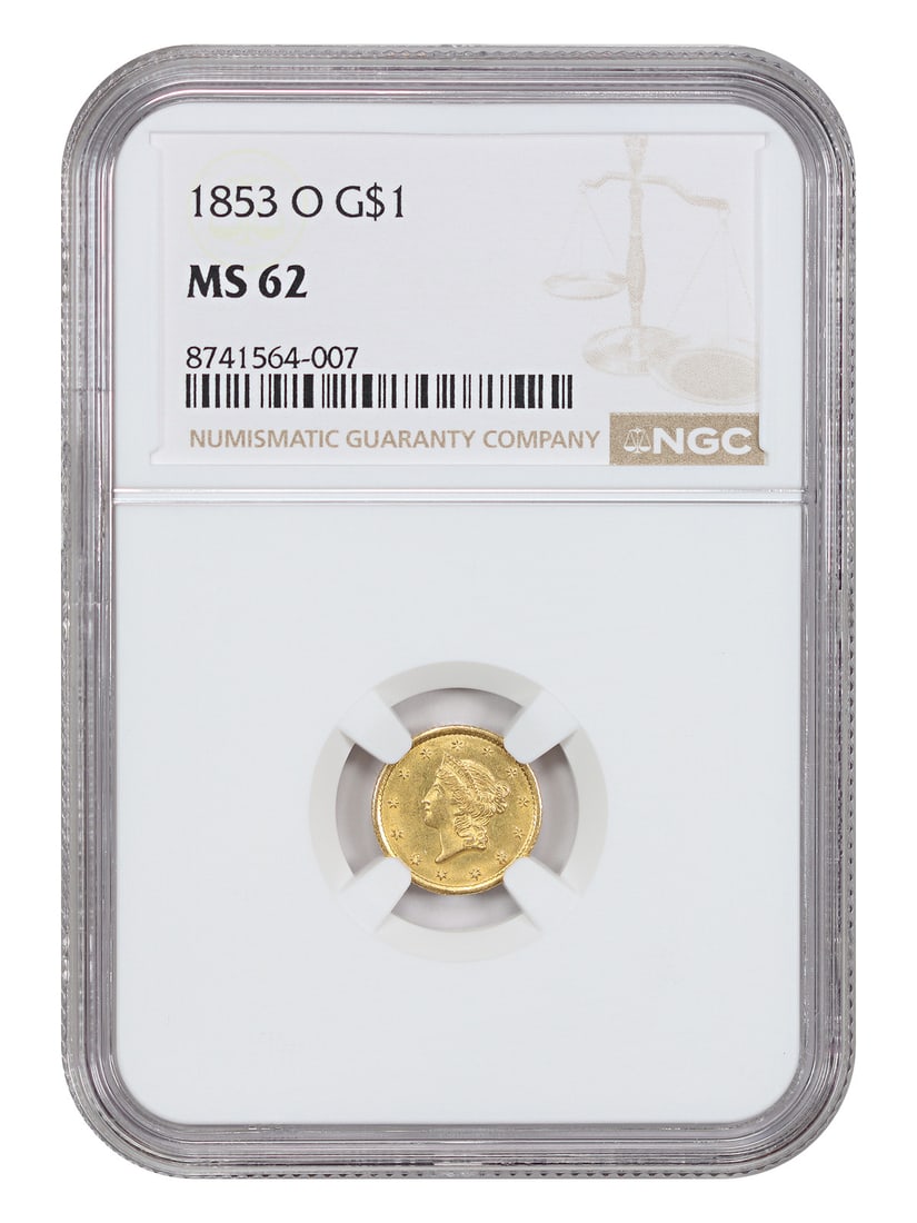 Gold Dollar Popular G 1853 New Orleans $1 MS62: Gold Dollar Popular G 1853 New Orleans $1 MS62 The 1853 New Orleans Gold Dollar, graded MS62 by the NGC, boasts an impressive strike type and mint location. This uncirculated coin features a G$1 denom