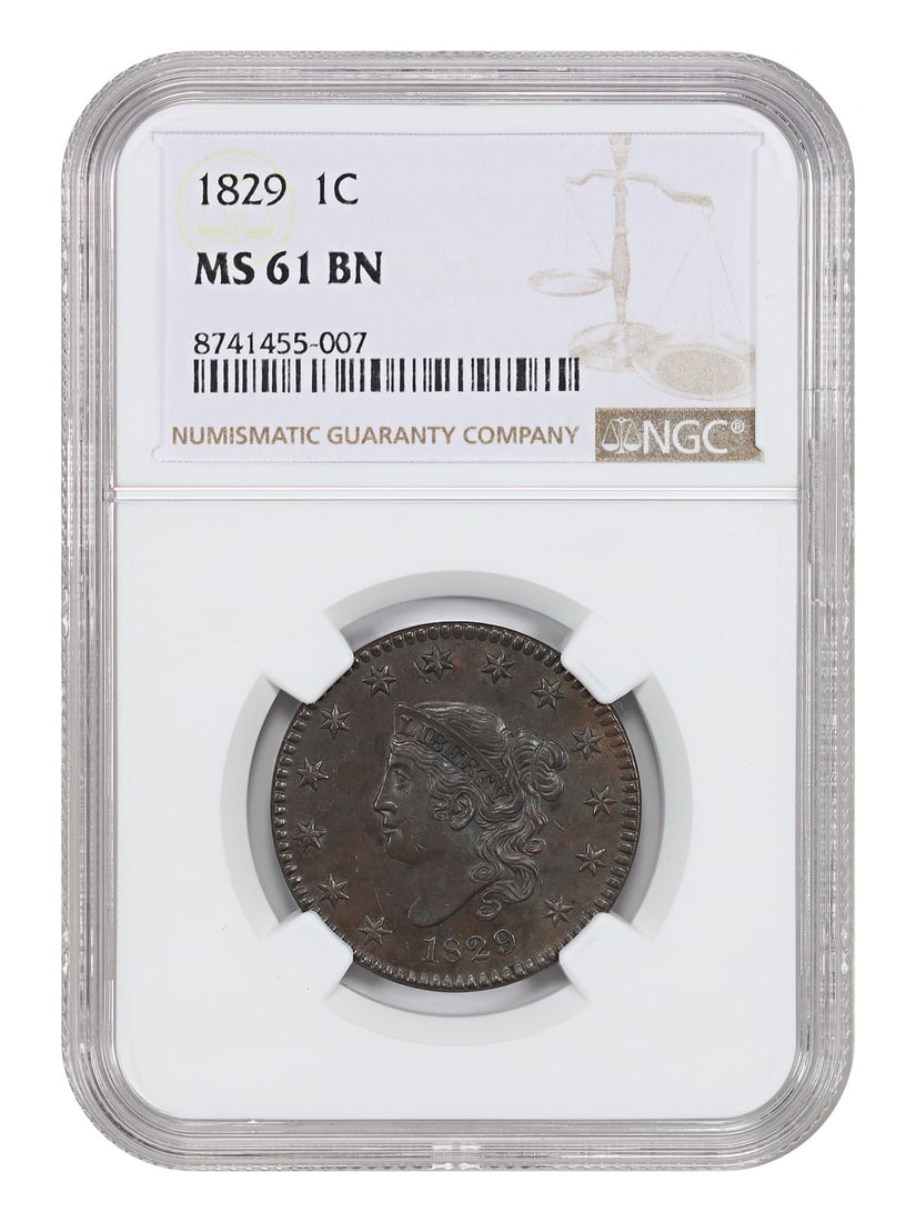 Coronet Head Cent 1C NGC MS61BN: Coronet Head Cent 1C NGC MS61BN The Coronet Head Cent 1C NGC MS61BN is an uncirculated coin from the 1829 Philadelphia mint, graded MS61 by the Numismatic Guaranty Corporation. This coin bears a high 