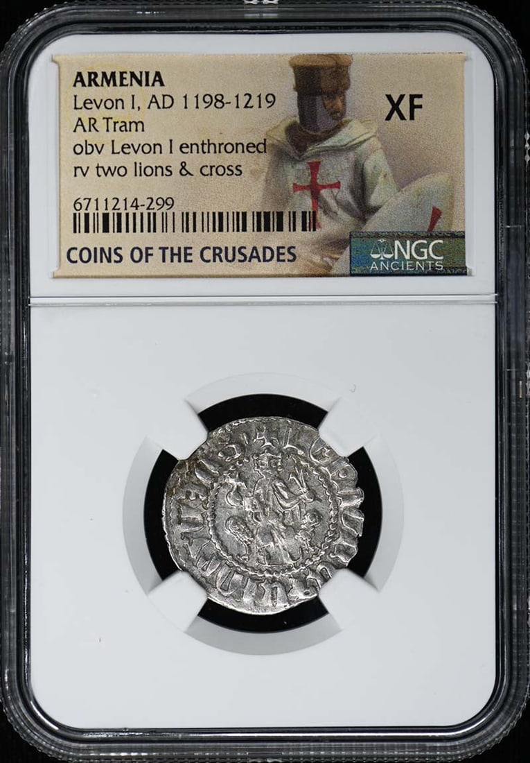 ARMENIA TRAM LEVON I XF40 NGC AD 1198-1219: ARMENIA TRAM LEVON I XF40 NGC AD 1198-1219 Circulated Armenian Tram Levon I XF40 NGC, dated AD 1198-1219. This circulated coin bears the signature of artist Levon I and features a unique blend of arti