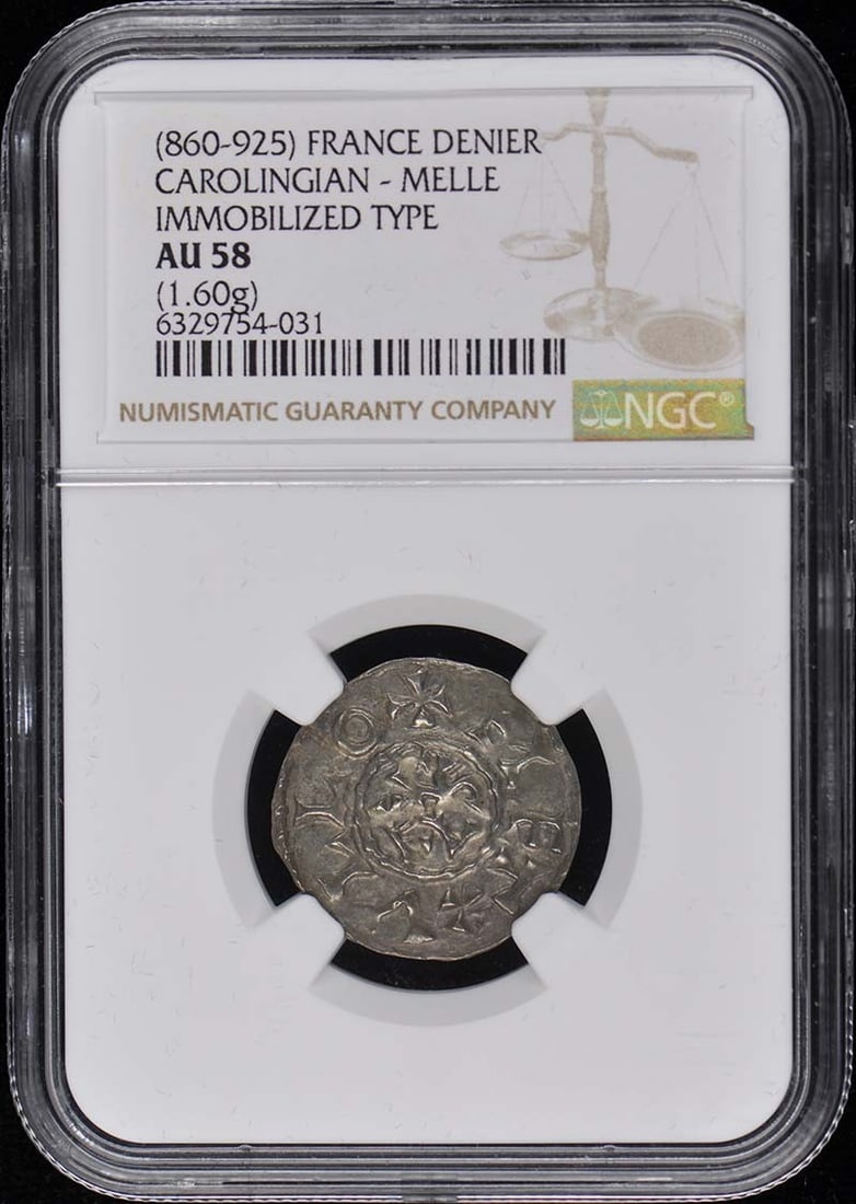 860-925 France Denier Carolingian Melle NGC AU58 Immobilized Type: 860-925 France Denier Carolingian Melle NGC AU58 Immobilized Type The 860-925 France Denier Carolingian Melle coin features a striking design, bearing the signature of its creator. Circulated in the