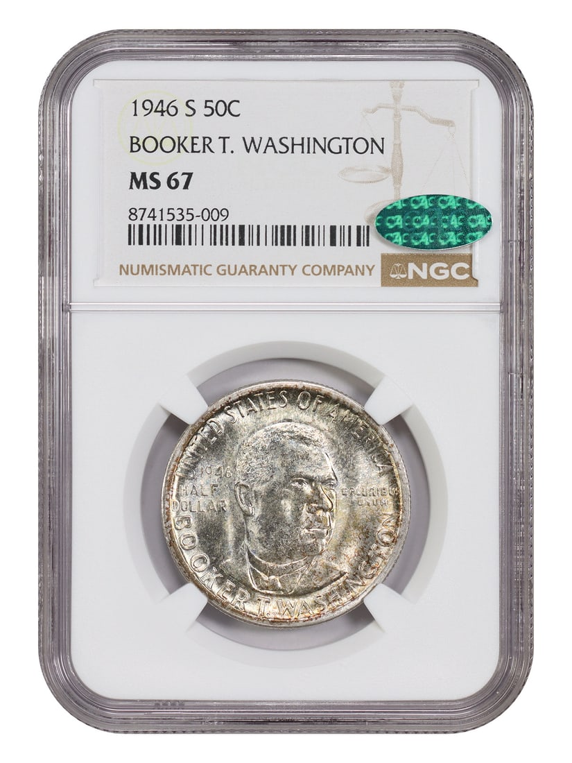 Booker T. Washington 50c MS67 Classic Silver Commemorative 1946-S: Booker T. Washington 50c MS67 Classic Silver Commemorative 1946-S The Booker T. Washington 50c MS67 Classic Silver Commemorative coin features an uncirculated condition, graded MS67 by the NGC, and