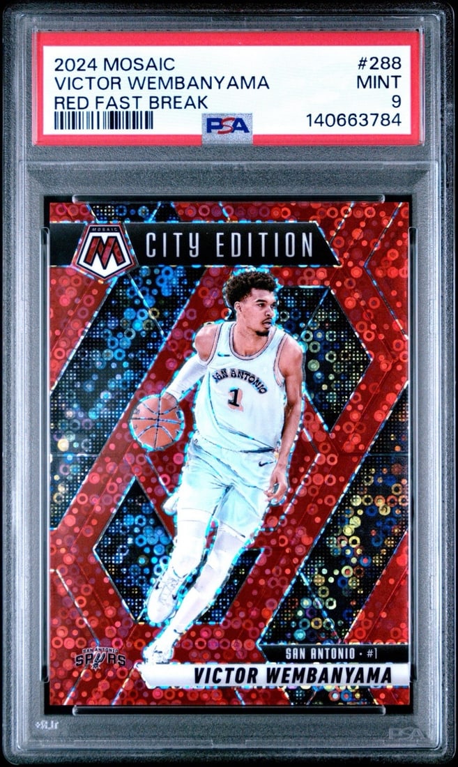 VICTOR WEMBANYAMA #288 Mosaic Red Fast Break 99 PSA 9: VICTOR WEMBANYAMA #288 Mosaic Red Fast Break 99 PSA 9 Mosaic Red Fast Break #288 features Victor Wembanyama, one of the most highly anticipated prospects in recent NBA draft history. This PSA 9