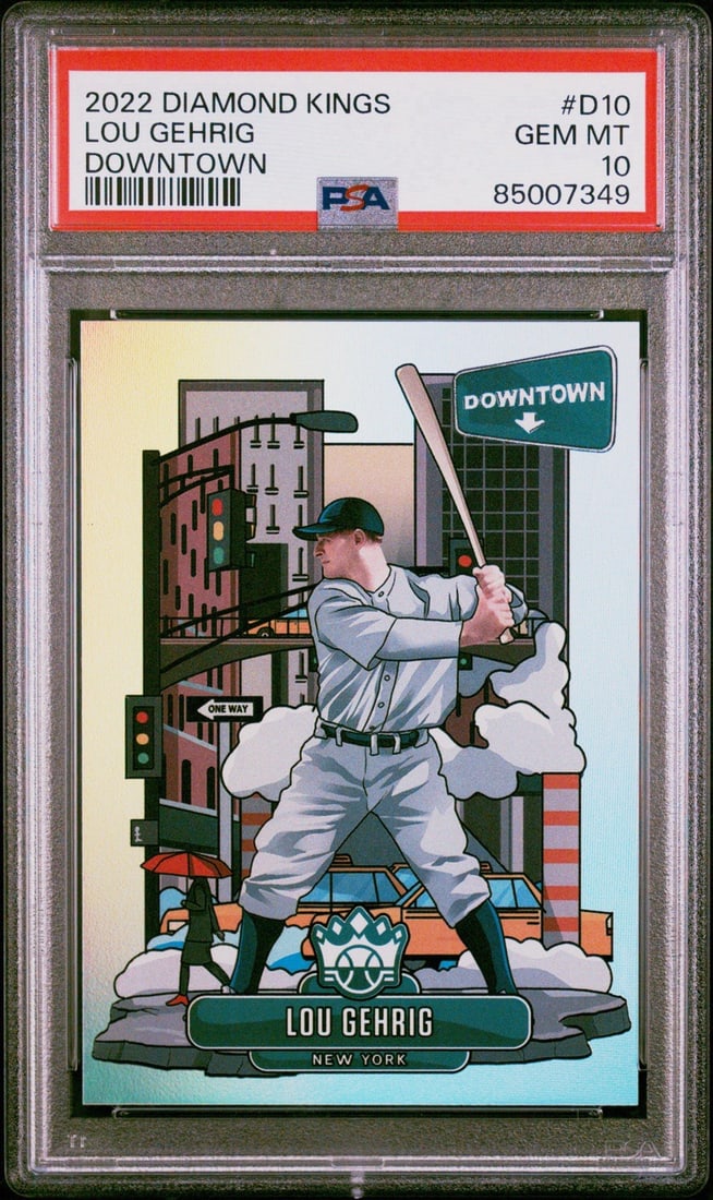 PANINI DIAMOND KING LOU GEHRIG #D10 DOWNTOWN 10: PANINI DIAMOND KING LOU GEHRIG #D10 DOWNTOWN 10 The Panini Diamond Kings Lou Gehrig #D10 Downtown 10 features the iconic baseball legend in standard card size, boasting a PSA Grade of 10 and