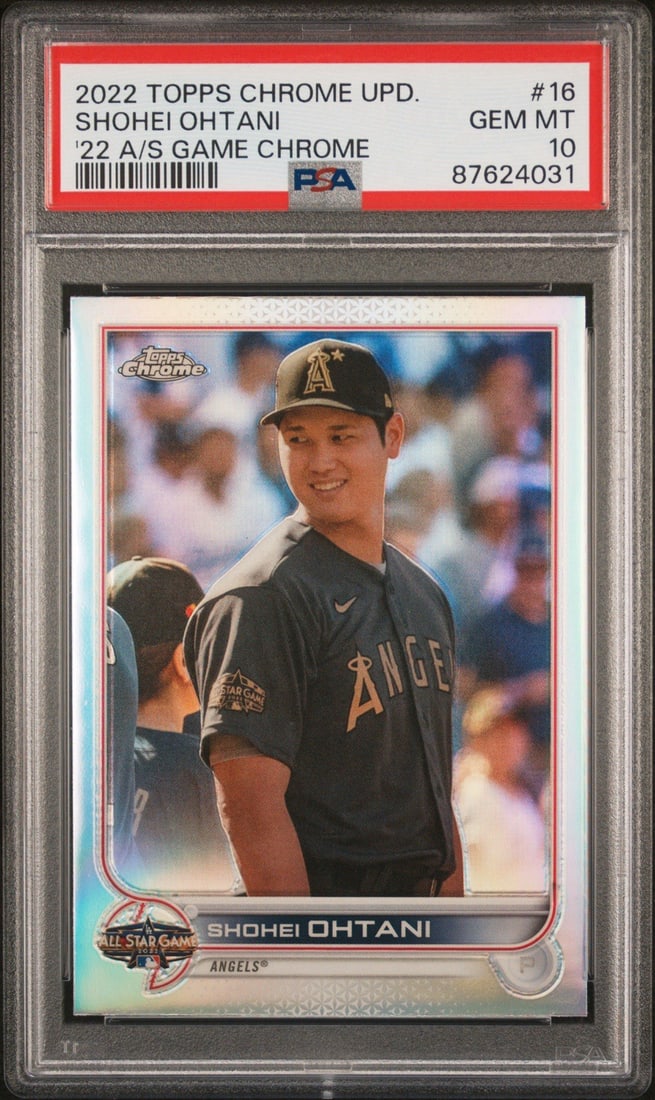 SHOHEI OHTANI #16 2022 TOPPS CHROME UPDATE ALL STAR GAME CHROME PSA 10: SHOHEI OHTANI #16 2022 TOPPS CHROME UPDATE ALL STAR GAME CHROME PSA 10 PSA 10 graded, the Shohei Ohtani #16 2022 Topps Chrome Update All-Star Game card boasts exceptional condition and rarity. This