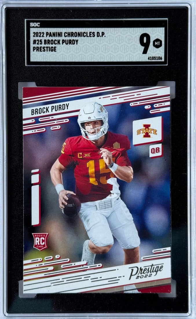 Brock Purdy 2022 Panini Chronicles Prestige Draft Picks Rookie Card #25 SGC 9: Brock Purdy 2022 Panini Chronicles Prestige Draft Picks Rookie Card #25 SGC 9 Brock Purdy 2022 Panini Chronicles Prestige Draft Picks Rookie Card #25 SGC 9 is a high-end, autographed rookie card from