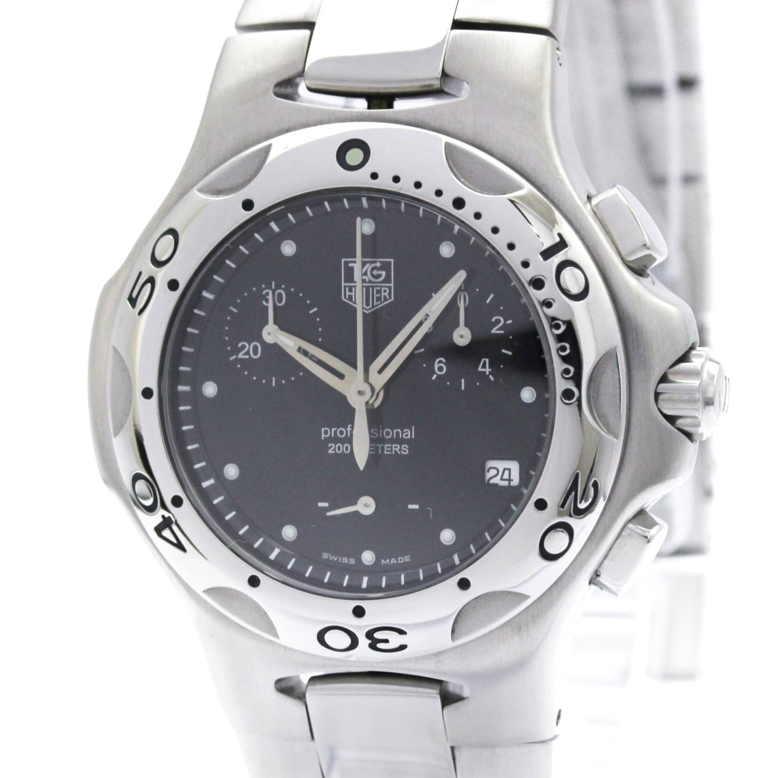 Tag Heuer Wristwatch: Tag Heuer Wristwatch Stainless steel case and band create a sleek, sporty look in black. The 36mm diameter watch features a classic design with some minor signs of wear, including scratches and dirt.