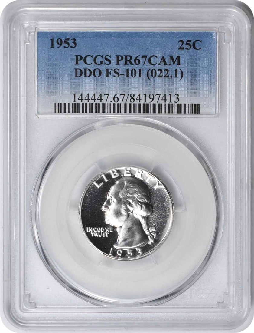 1953 Washington Quarter DDO FS-101 PRF67CAM PCGS: 1953 Washington Quarter DDO FS-101 PRF67CAM PCGS PR67CAM, one of the highest graded Washington Quarters in Circulated Uncirculated condition, boasts exceptional detail and luster. Certified by PCGS as