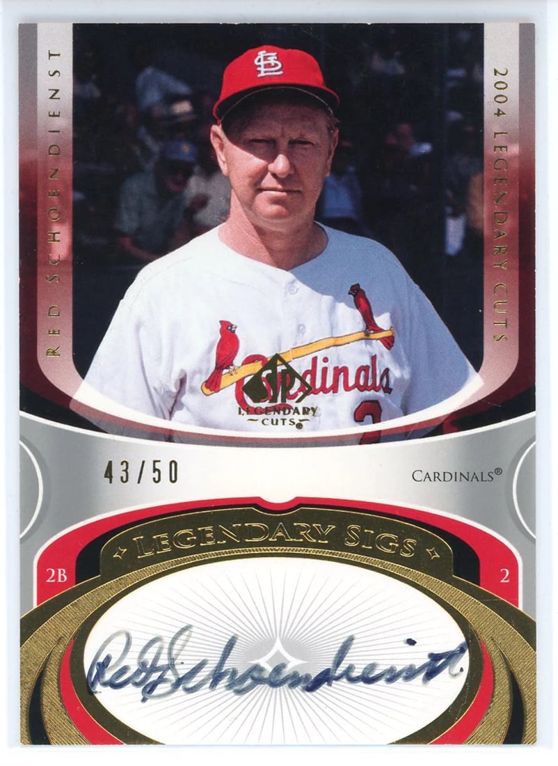 Schoendienst Red Legendary Autographed 2004 Upper Deck Cuts Card LS RS: Schoendienst Red Legendary Autographed 2004 Upper Deck Cuts Card LS RS Factory signed in black sharpie across the front of the card by Red Schoendienst, numbered 43 out of 50. This 2004 Upper Deck