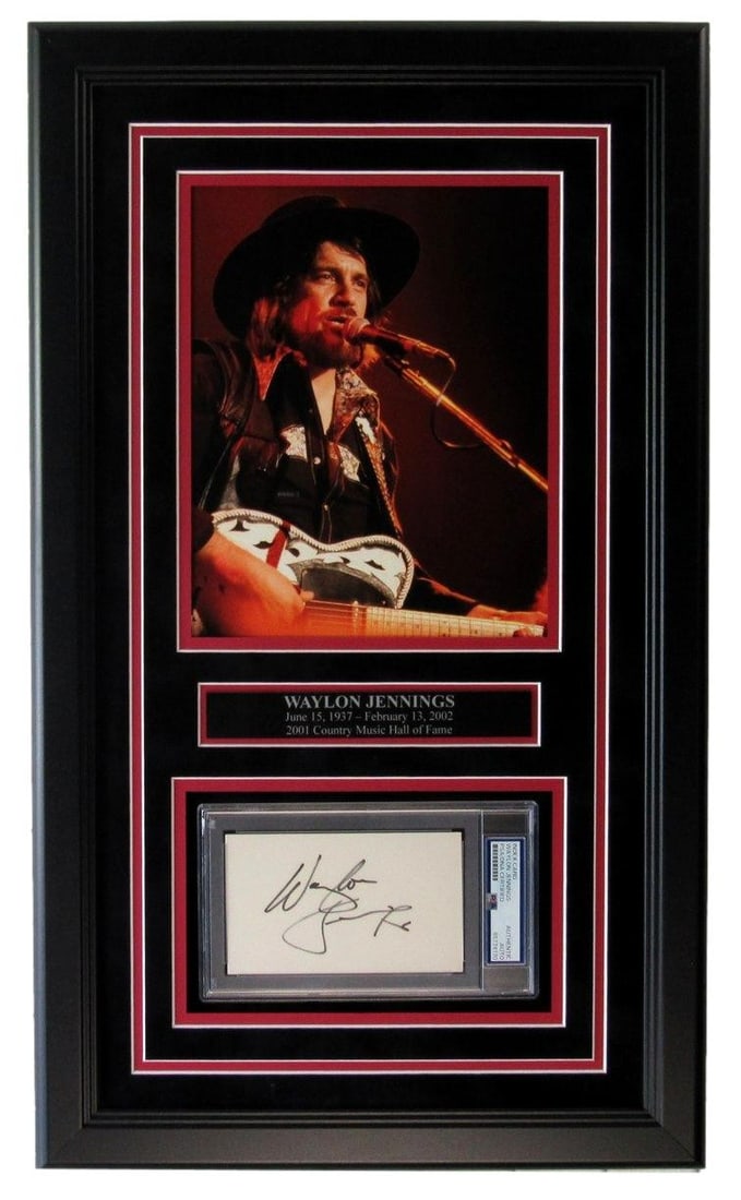 Waylon Jennings Musician Signed 3x5 Card w/ 8x10 Photo Framed PSA/ DNA 208225: Waylon Jennings Musician Signed 3x5 Card w/ 8x10 Photo Framed PSA/ DNA 208225 Item Specifics: Autograph Authentication: Professional Sports (PSA/DNA) Signed: YES Product Disclaimer: Not affiliated