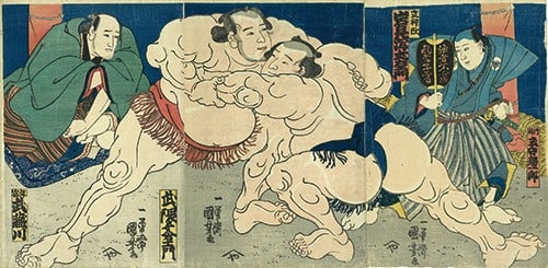 Utagawa Kuniyoshi Sumo Woodblock Print Takekuma Musashigawa Emon Bun Triptych: Utagawa Kuniyoshi Sumo Woodblock Print Takekuma Musashigawa Emon Bun Triptych Item Specifics: Artist: Utagawa Kuniyoshi Subject: Sumo Material: Paper Style: Japanese Size: ban Nishiki-e: 36.8 x 24.7 c