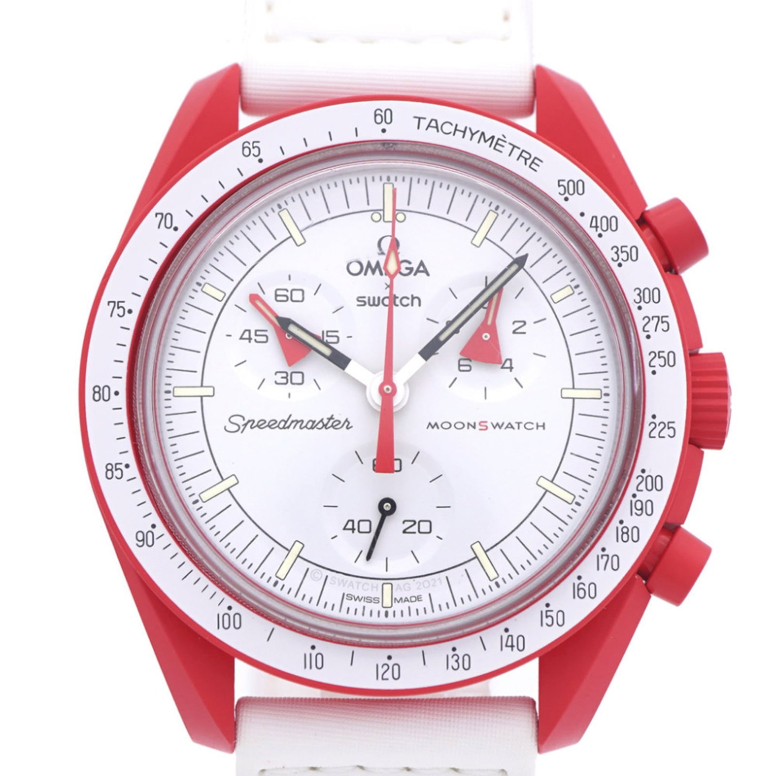 Wristwatch by Omega: Wristwatch by Omega Red ceramic case and nylon band make for a bold combination, while the 42mm size provides a comfortable fit. This Omega wristwatch has seen some wear, with traces of usage and mino