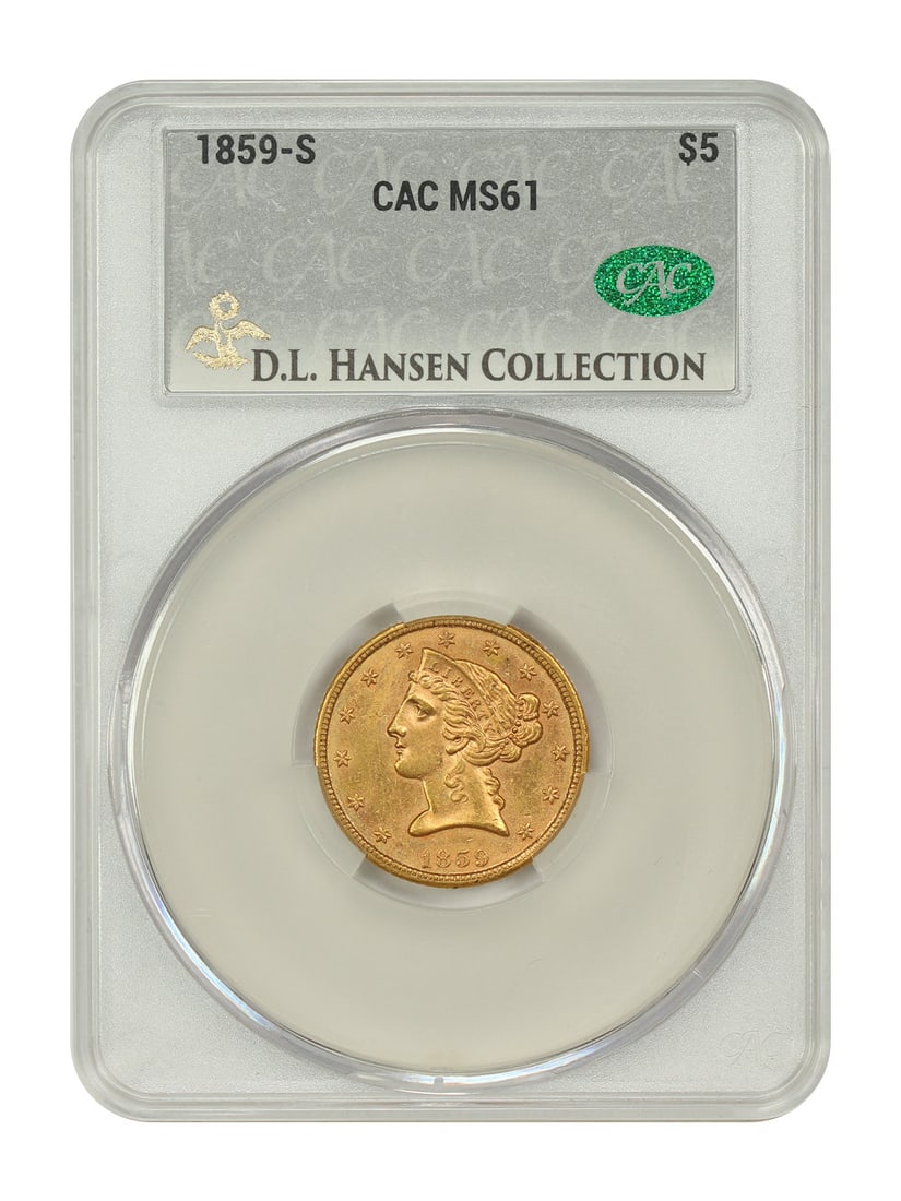 1859-S $5 CACG MS61 ex: D.L. Hansen - Liberty Head $5: 1859-S $5 CACG MS61 ex: D.L. Hansen - Liberty Head $5 The 1859-S $5 CACG MS61 ex: D.L. Hansen features a striking Liberty Head design, certified by the CACG with a high grade of MS61. This uncirculate