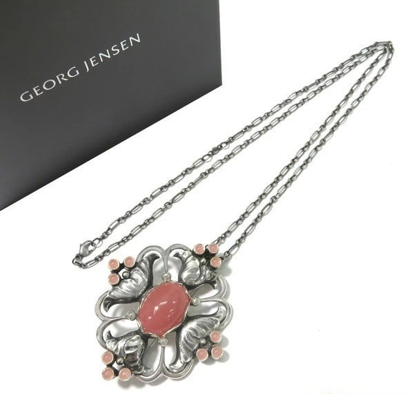 Georg Jensen No.173 Rose Quartz Sterling Silver Brooch Pendant Necklace w/ Box (1 of 8)