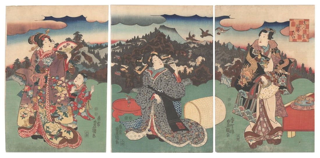 Toyukuni III woodblock print triptych geisha women kimono forest birds mountain: Toyukuni III woodblock print triptych geisha women kimono forest birds mountain Item Specifics: Primary Material: Paper Color: Multi-Color Original/Reproduction: Antique Original Region Of Origin: Jap