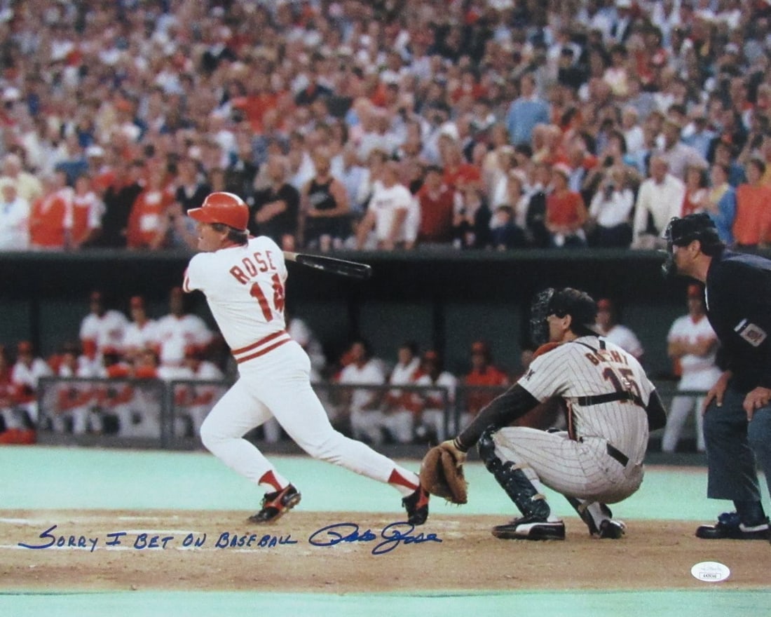 Pete Rose Autographed/ Inscribed 16x20 Photo Cincinnati Reds JSA 177233: Pete Rose Autographed/ Inscribed 16x20 Photo Cincinnati Reds JSA 177233 Pete Rose's iconic image shines bright in this 16x20 photo, commemorating his time with the Cincinnati Reds. The JSA