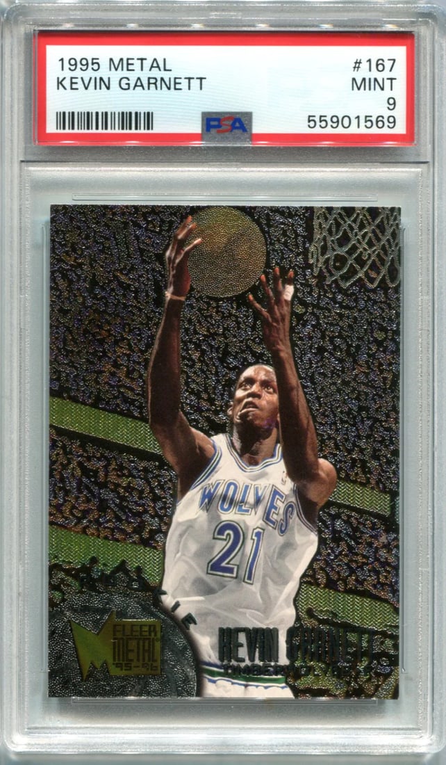 Kevin Garnett #167 1995 Fleer Metal Mint Card: Kevin Garnett #167 1995 Fleer Metal Mint Card PSA Mint 9 Kevin Garnett #167 1995 Fleer Metal Card, graded by Professional Sports Authenticator for its exceptional condition. This rare card features a 