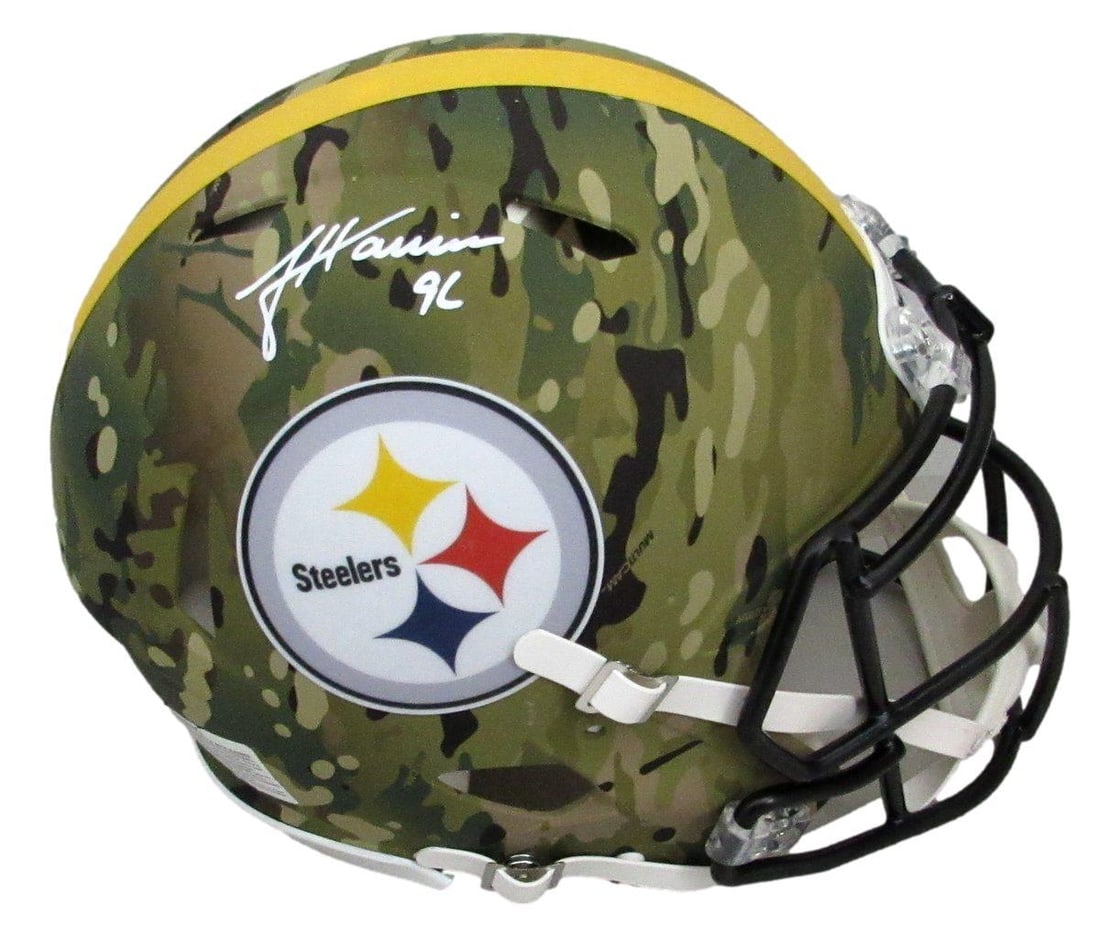 Full size authentic camo helmet signed james harrison steelers beckett 194767: Full size authentic camo helmet signed james harrison steelers beckett 194767 Authentic Pittsburgh Steelers helmet signed by James Harrison, a legendary linebacker with two Super Bowl rings and a
