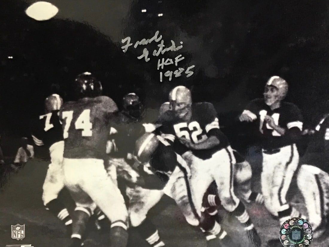 Frank Gatski Autographed 8x10 Football Photo: Frank Gatski Autographed 8x10 Football Photo Signed in silver sharpie across the front, Frank Gatski's inscription "HOF 1985" adds a personal touch to this official 8x10 football photo. A notable