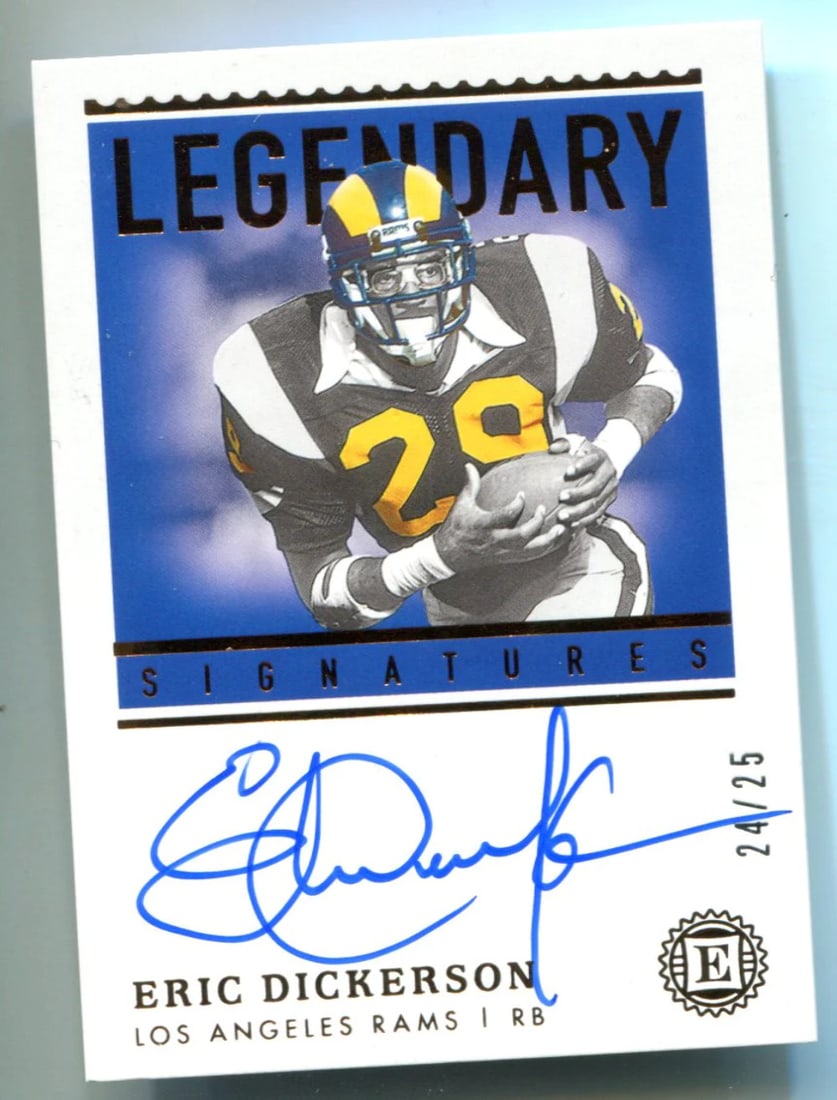 Eric Dickerson 2020 Panini Encased Legendary Signatures #LS-ED Card (24/ 25): Eric Dickerson 2020 Panini Encased Legendary Signatures #LS-ED Card (24/ 25) Signed by Eric Dickerson, the legendary running back, in Panini America's 2020 Encased Legendary Signatures series. This
