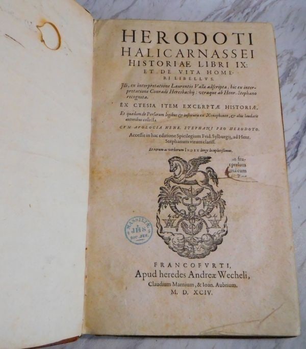 Historiae Libri Latin Valla Herodotus Folio Frankfurt 1594 Rare: Historiae Libri Latin Valla Herodotus Folio Frankfurt 1594 Rare Item Specifics: Binding: Leather Language: Latin Author: Herodotus; translated by Lorenzo Valla; edited by Henri Estienne Region: Europe