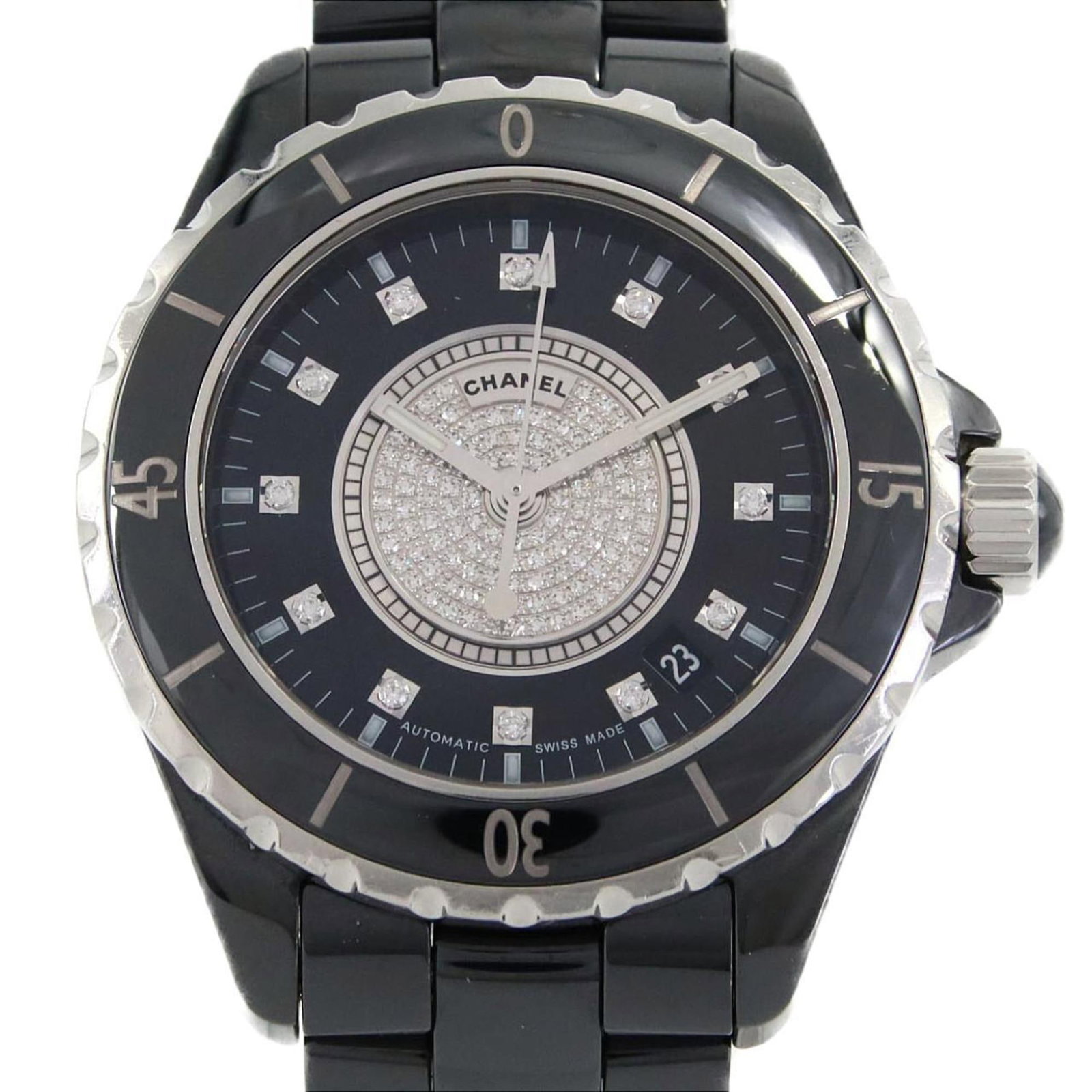 Chanel Wristwatch: Chanel Wristwatch Ceramic case and band give this Chanel wristwatch its sleek, modern look. With a black dial and 38mm diameter, it's designed to make a statement on the wrist. Traces of usage are